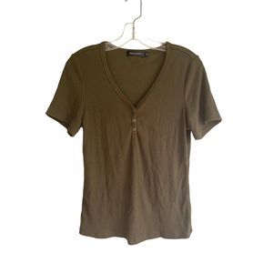 Olive Green Ribbed Short Sleeve Fitted Shirt Women's Medium 10